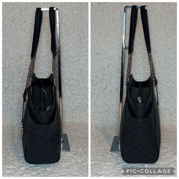 Michael Kors Jet Set Large Monogram Shoulder Bag Tote & Studded Wallet Set Black - Picture 6 of 17